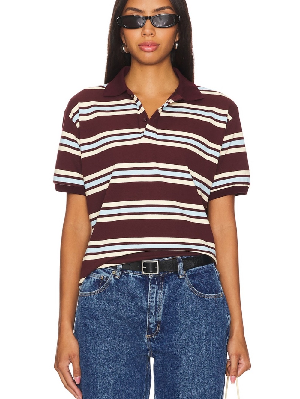 Lioness Burgundy Striped Polo Top with White and Light Blue Accents